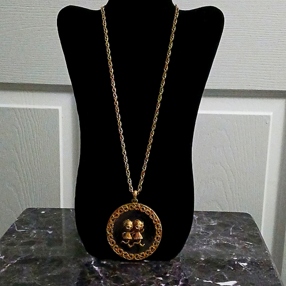 Gemini Twins Pendant Necklace/Giant Oversized Star Bezel/ Crazy Hair Girls/Clear